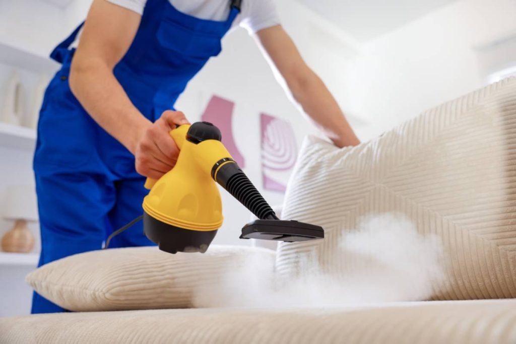 Professional cleaner steam cleaning sofa