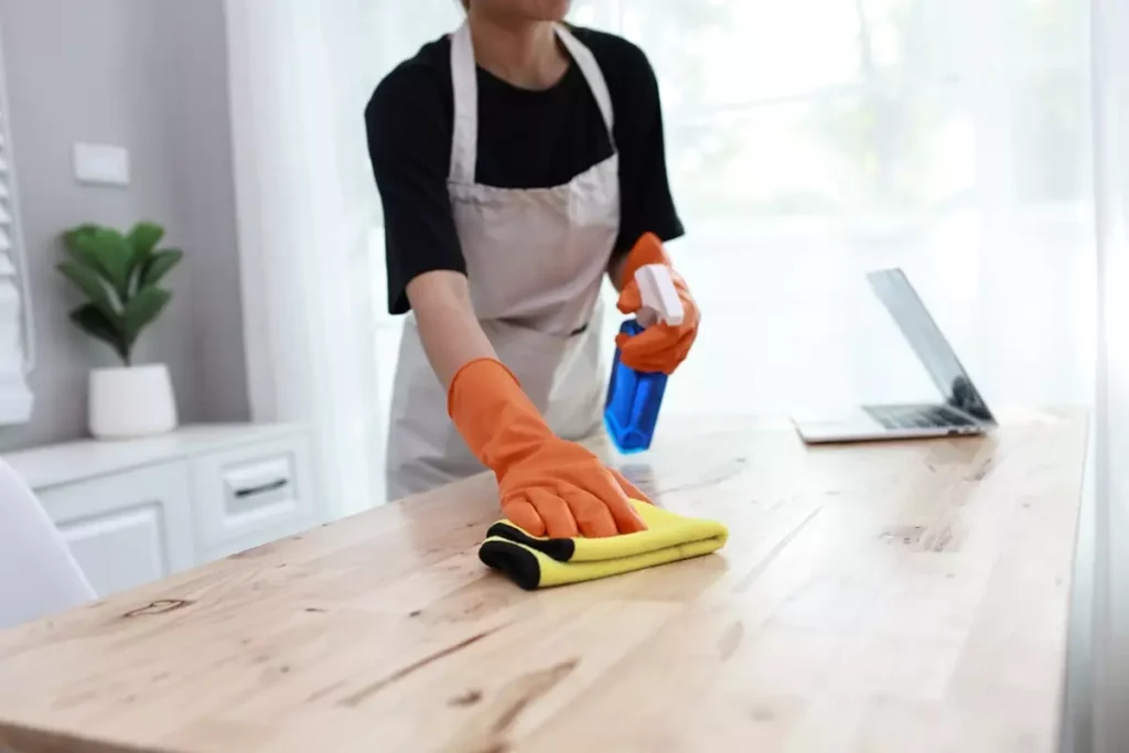 Young woman cleans her apartment, using disinfectant spray