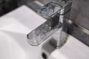 A metal faucet with limescale buildup.